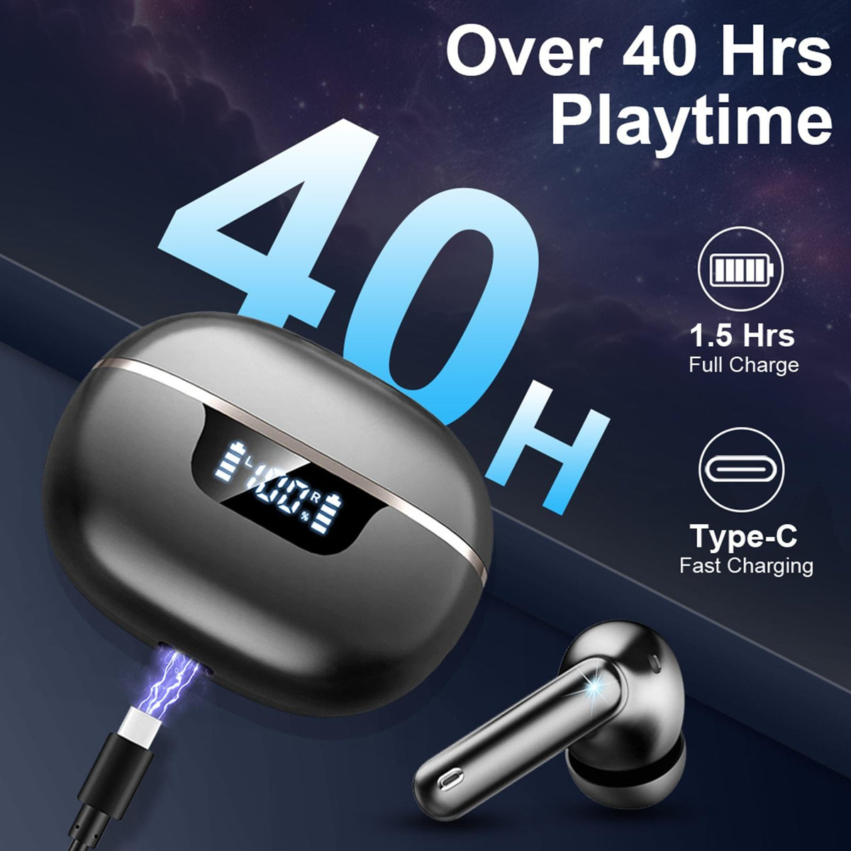 Wireless Earbuds, 2026 Bluetooth 5.4 Headphones HiFi Stereo 50H In Ear Buds HiFi Stereo, Deep Bass with ENC Noise Cancelling Mics, IP7 Waterproof Wireless Earphones with LED Display, Fast Charging Case