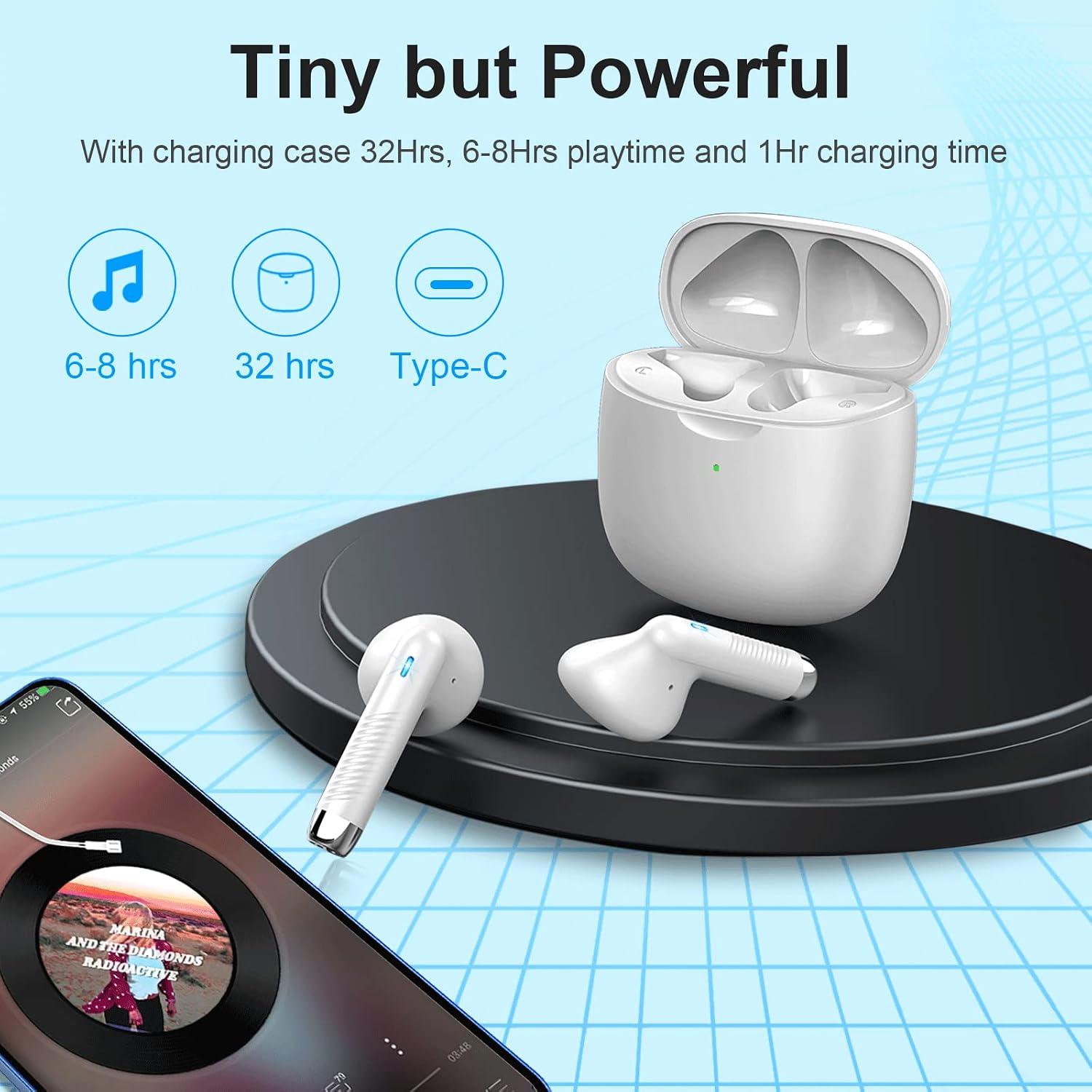 Wireless Earbuds, Bluetooth 5.4 Headphones in Ear with 4 Noise Cancelling Mic, Earbuds Stereo Bass, IP7 Waterproof Sports Wireless Earphones, 32H Playtime USB C Charging Buds White for Android iOS