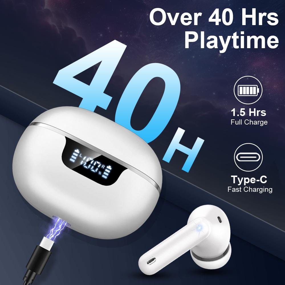 Wireless Earbuds, Bluetooth 5.4 Headphones, Bluetooth In Ear Buds Earphones 50H Playtime LED, Stereo Bass, 4 Noise Cancelling Mics, IP7 Waterproof Sports, USB C Charging White Ear Buds for Android iOS