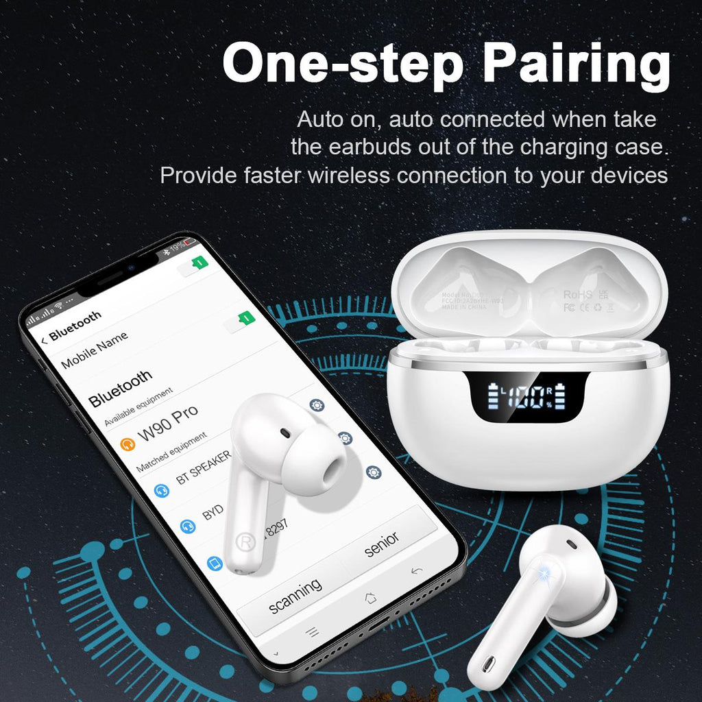 Wireless Earbuds, Bluetooth 5.4 Headphones, Bluetooth In Ear Buds Earphones 50H Playtime LED, Stereo Bass, 4 Noise Cancelling Mics, IP7 Waterproof Sports, USB C Charging White Ear Buds for Android iOS