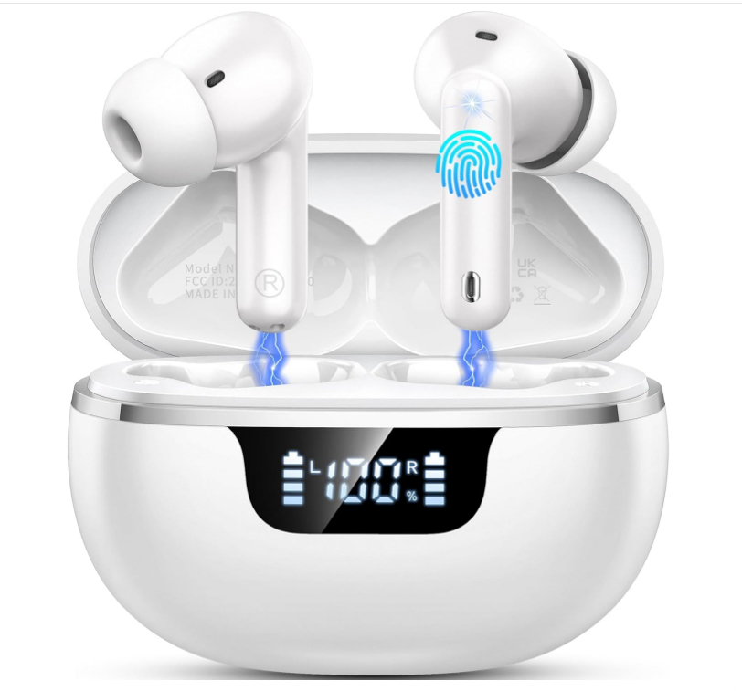 Wireless Earbuds, Bluetooth 5.4 Headphones, Bluetooth In Ear Buds Earphones 50H Playtime LED, Stereo Bass, 4 Noise Cancelling Mics, IP7 Waterproof Sports, USB C Charging White Ear Buds for Android iOS