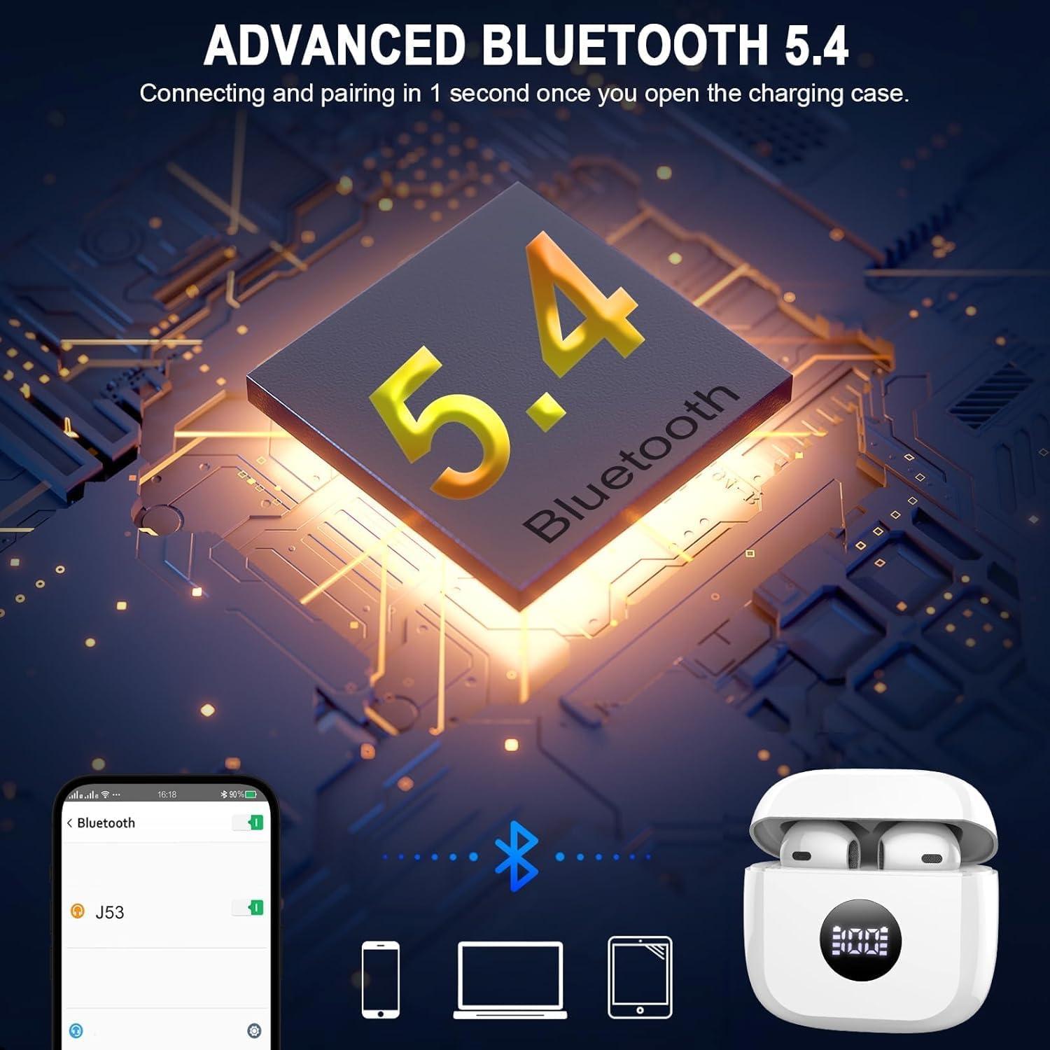 Wireless Bluetooth 5.4 Earbuds, LED Power Display Headphones, 6D Stereo HiFi Stereo Earbuds, In-Ear Noise Cancelling Mic, 40H Playback Mini Case, IP7 Waterproof Sports Earphones, Android iOS
